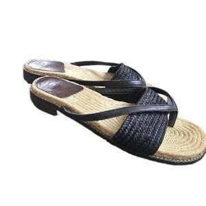 Castaner Prado Black Woven Raffia Leather Espadrille Slide Sandals 39 Spain